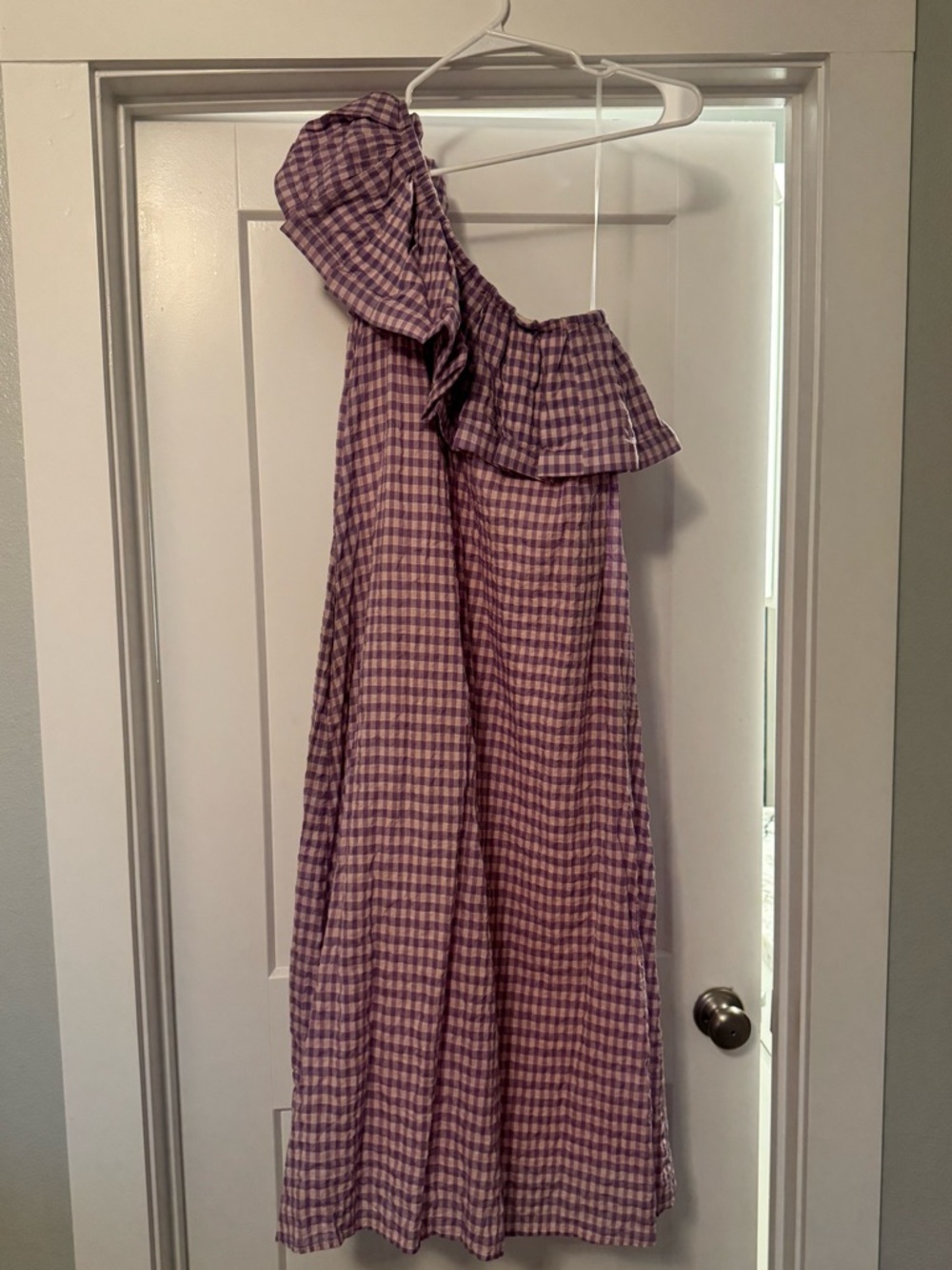 Never a Wallflower One Shoulder Purple Gingham Ruffle Dress